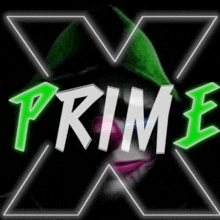 a picture of a clown with the word prime in green letters