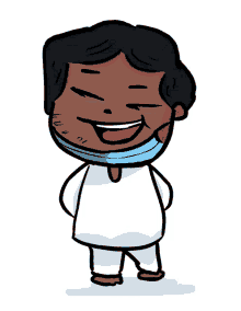 a cartoon drawing of a man wearing a white shirt and a blue scarf around his neck