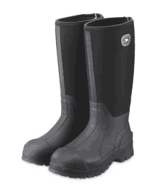 a pair of black rubber boots with a duck on the side