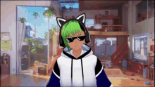 a person with green hair wearing sunglasses and headphones in a living room