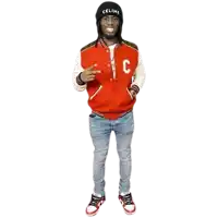 a man wearing a red and white varsity jacket and a black beanie is standing on a white background .