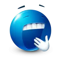 a blue smiley face is laughing with a hand covering its mouth