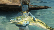 avatar holding a large fish in her hands in the water