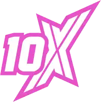 a pink and white logo with the number 10x