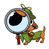 a cartoon dog with a magnifying glass looking at his eye