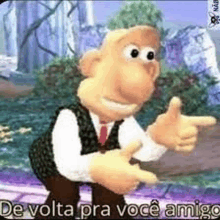 a cartoon character is pointing at the camera and saying `` de volta pra voce amigo '' .