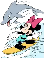 a cartoon of minnie mouse riding a surfboard with a dolphin in the background