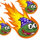 three frogs wearing wizard hats are surrounded by flames .