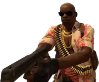 a man wearing sunglasses and a floral shirt holding a gun