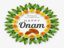 happy onam greeting card with flowers and leaves on a white background .