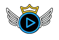 a play button with wings and a crown