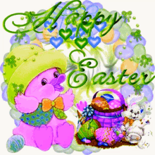 a colorful easter greeting card with a pink bunny and a basket of eggs