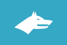 a white silhouette of a wolf 's head with sharp teeth on a blue background