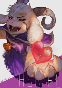 a drawing of a goat with horns holding a red heart and the word asriel written below it