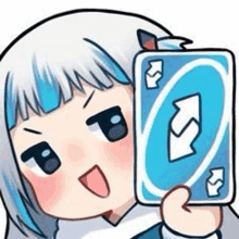 a cartoon of a girl holding a uno card .