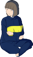 a pixel art drawing of a girl sitting on the floor with her legs crossed holding a yellow pillow