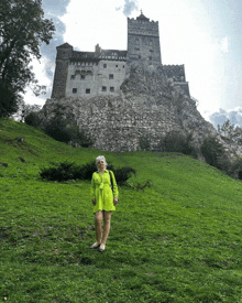 a woman in a green dress stands in front of a castle on a hill