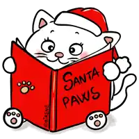 a cartoon cat wearing a santa hat is reading a book called santa paws