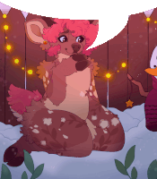 a cartoon drawing of a deer with pink hair sitting in the snow