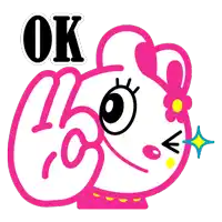 a pink hello kitty giving a thumbs up with the word ok below it