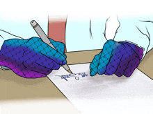 a drawing of a person signing a document with a purple and blue glove on