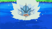 a pokemon is swimming in the water with a sword in its mouth .