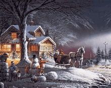 a painting of a horse pulling a sleigh with a snowman and a house in the background .