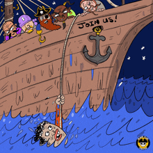 a cartoon of a pirate ship with the words join us on it