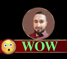 a man with a beard is standing in front of a wow sign