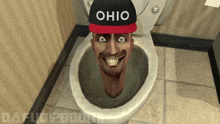 a man wearing a hat that says ohio is in a toilet