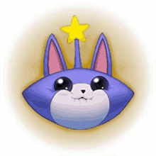 a purple cat with a yellow star on top of it 's head