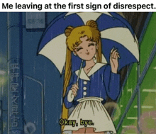 a cartoon of a girl holding an umbrella and saying okay bye