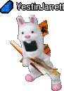 a stuffed animal in a bunny costume is holding a bat and a sword .