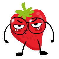 a cartoon illustration of a strawberry wearing glasses and arms and legs