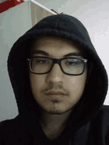 a young man wearing glasses and a black hoodie looks at the camera