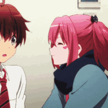 a girl with pink hair is kissing a boy in a tie