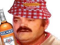 a man wearing a red and white checkered hat holds a bottle of picard