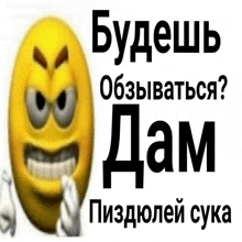 a yellow smiley face with a very angry expression and the words " будеть обзываться "