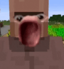 a close up of a minecraft villager with his mouth open .