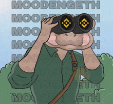 a cartoon of a hippo looking through binoculars with the word moodengeth written in the background