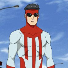 a cartoon character wearing sunglasses and a red and white superhero suit