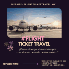 an advertisement for flight ticket travel with an airplane on the runway