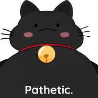 a black cat with a bell around its neck and the word pathetic written below it