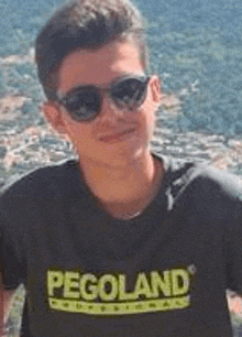 a young man wearing sunglasses and a pegoland t-shirt is standing in front of a city .