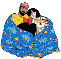 an illustration of a man reading a book to a woman and a dog wrapped in a blanket