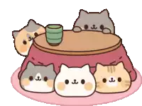 a group of cats sitting around a table with a cup of tea .