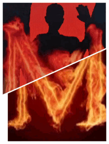 a silhouette of a man is surrounded by flames and the letter m is surrounded by fire