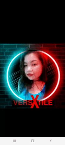 a woman in a blue shirt is surrounded by a neon circle with the word versatile in red