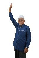 a man wearing a blue shirt that says ' malaysia ' on it is waving his hand