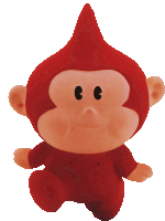 a red stuffed monkey with a red hat and black eyes on a white background